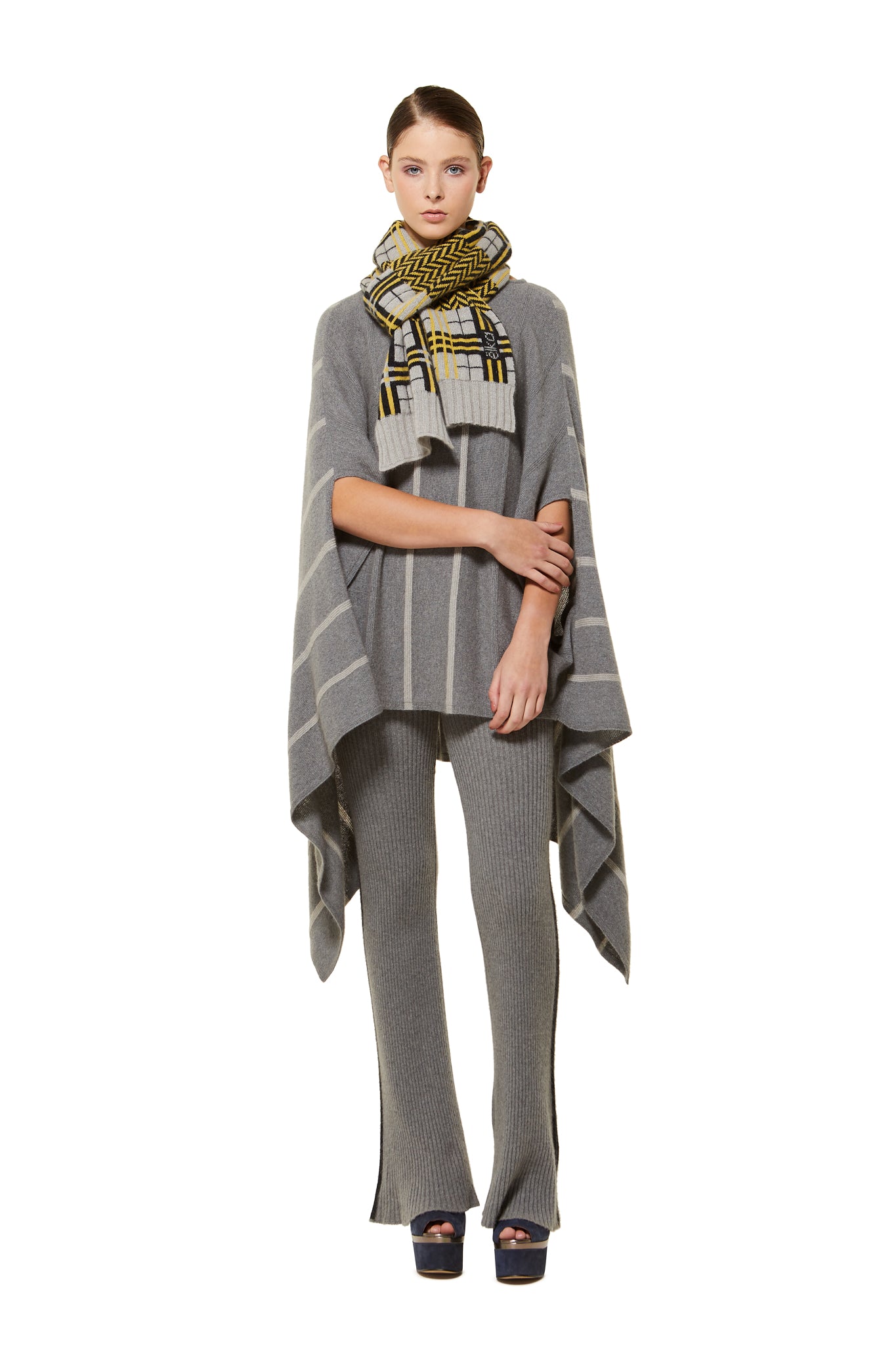 Possum Silk Merino Stripe Poncho in Pewter