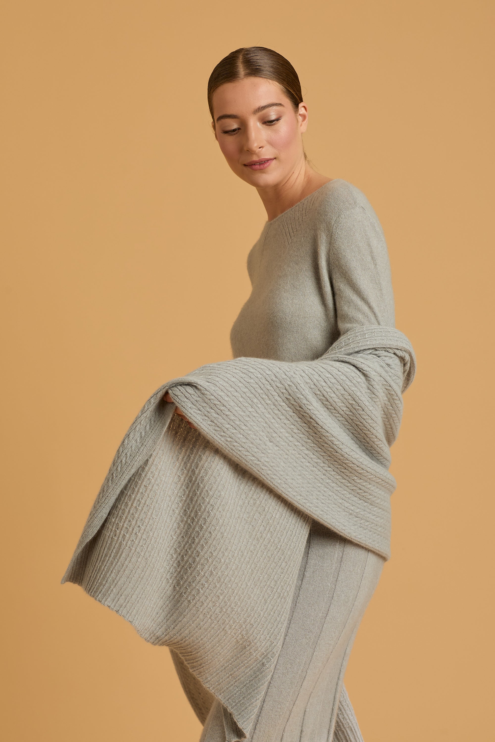 Cashmere Possum Silk Cable Travel Wrap in Dove