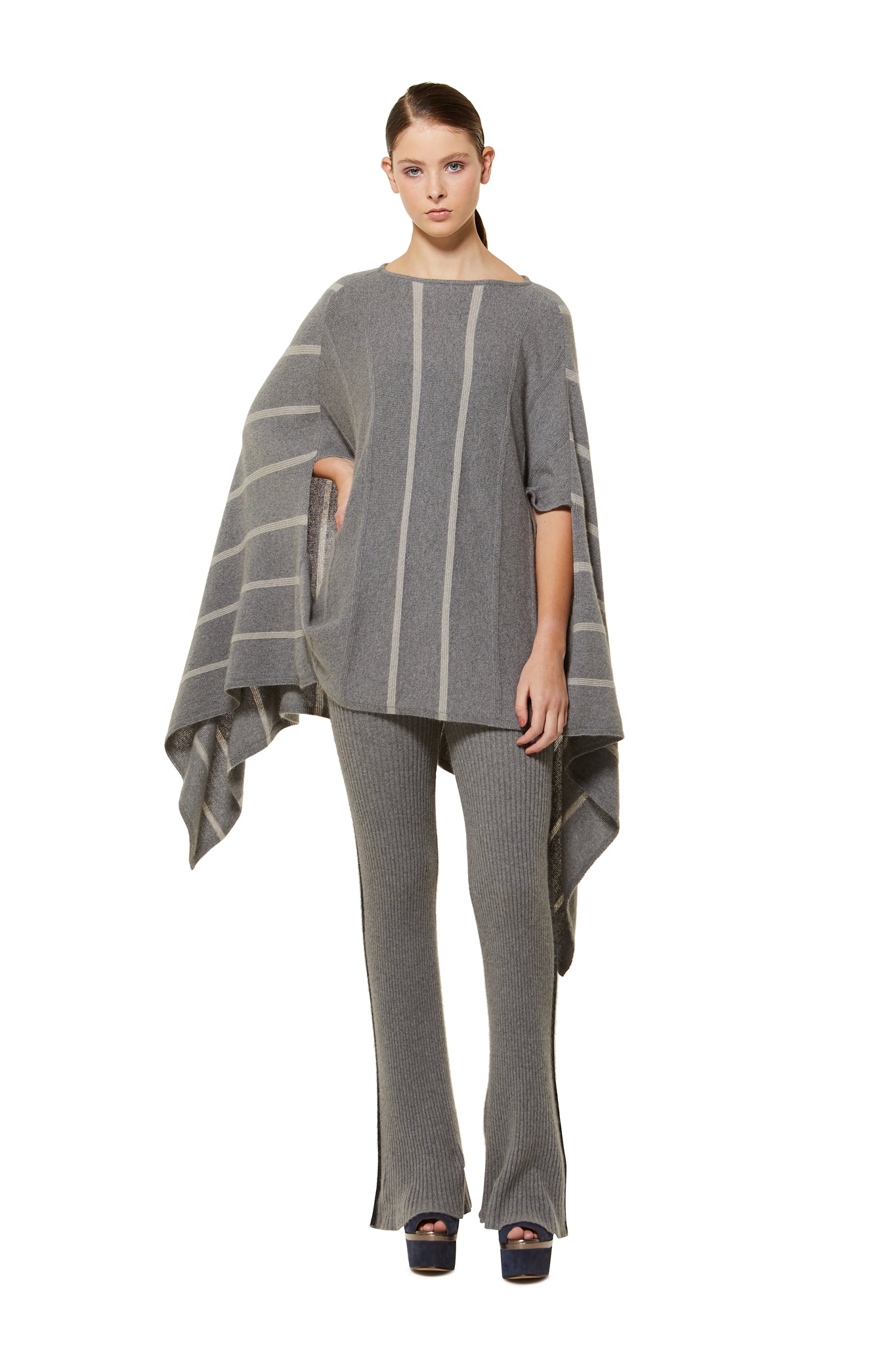 Possum Silk Merino Stripe Poncho in Pewter