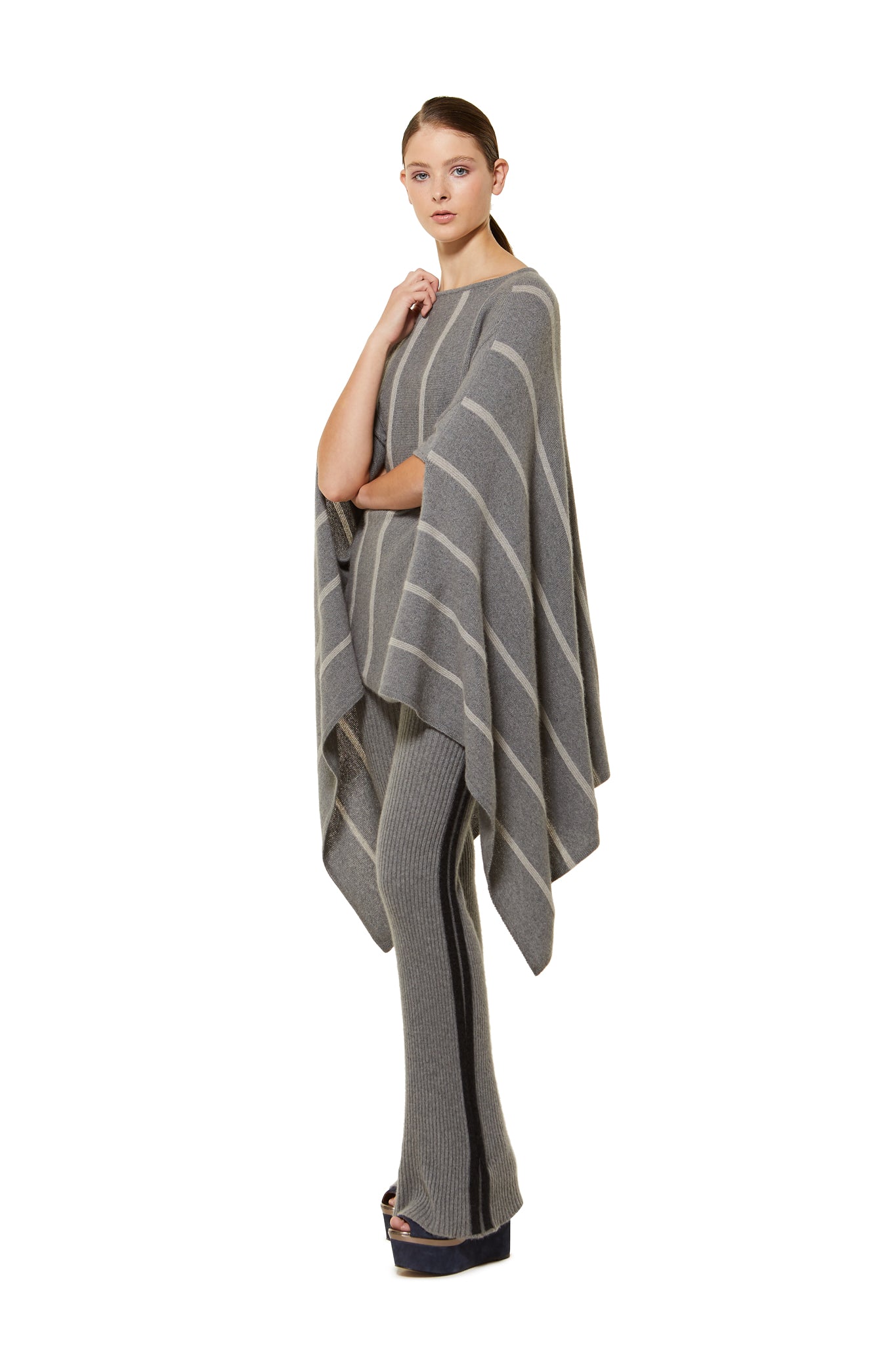 POSSUM SILK MERINO STRIPE PONCHO in Pewter
