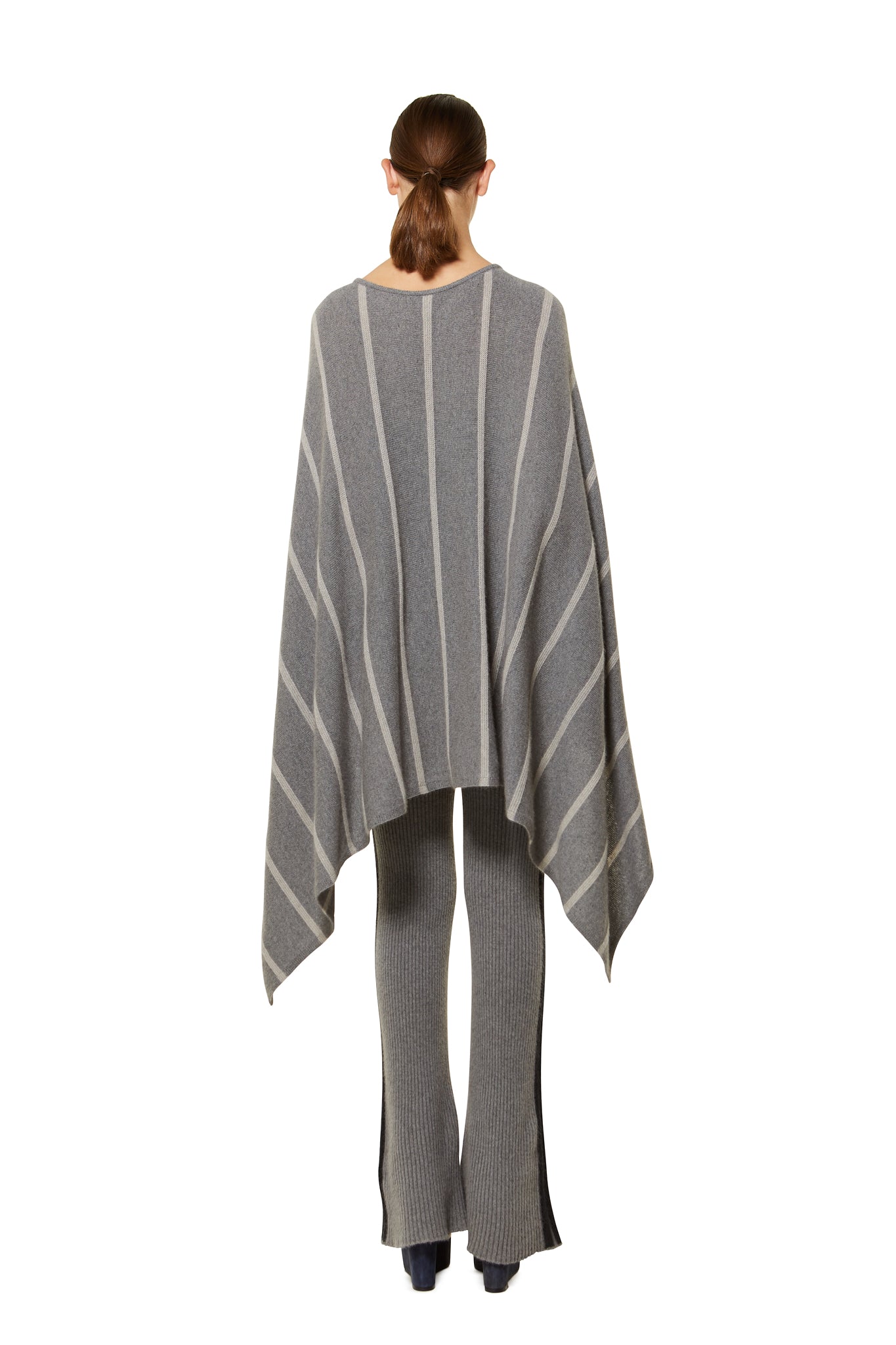 POSSUM SILK MERINO STRIPE PONCHO in Pewter