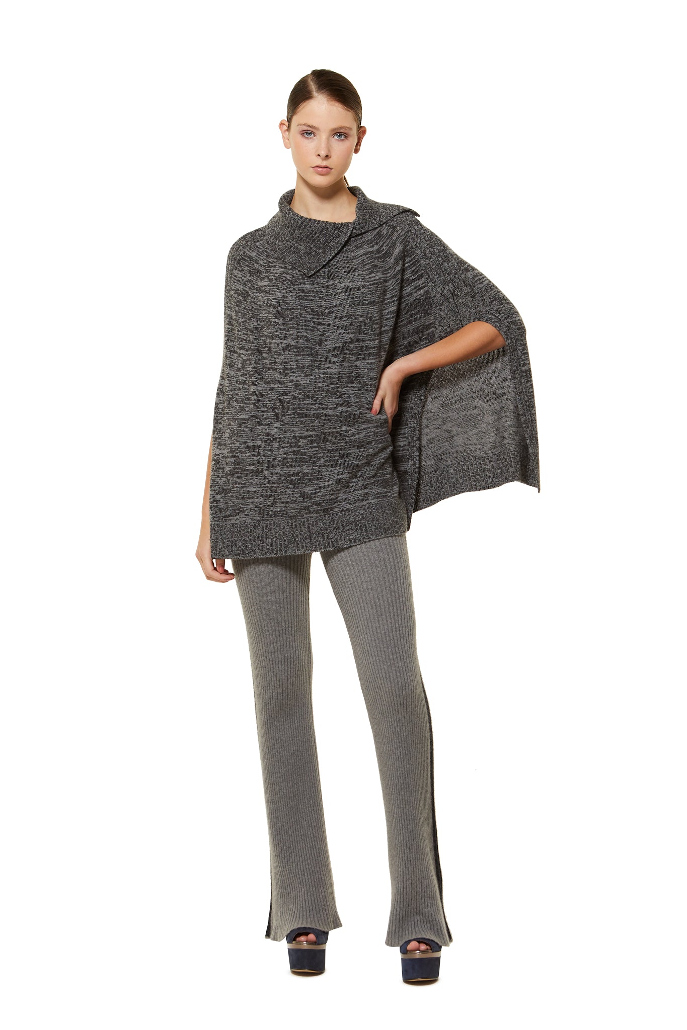 Possum Silk Merino Asymmetric Collar Cape in Pewter/Black Melange