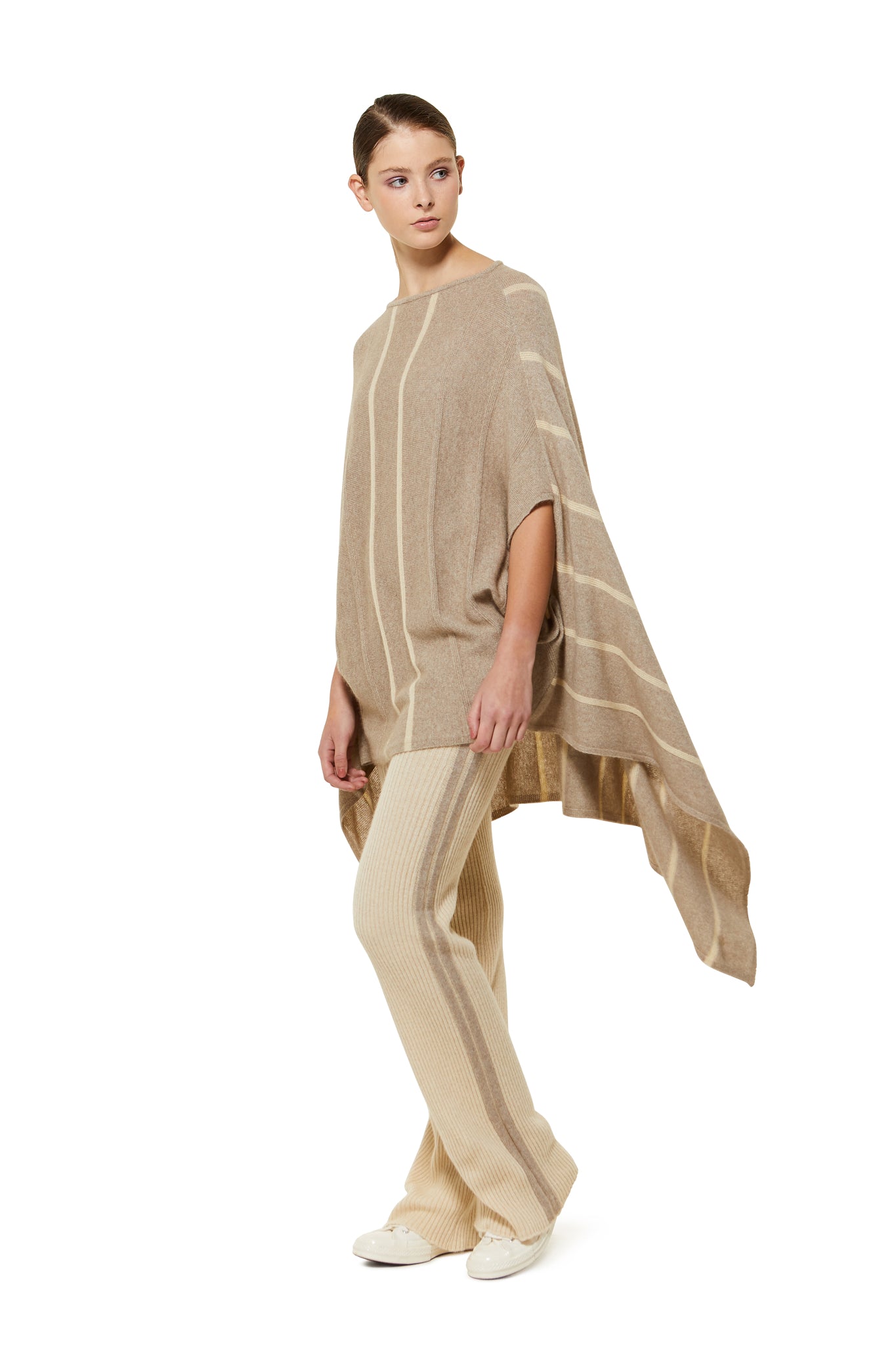 Possum Silk Merino Stripe Poncho in Beige