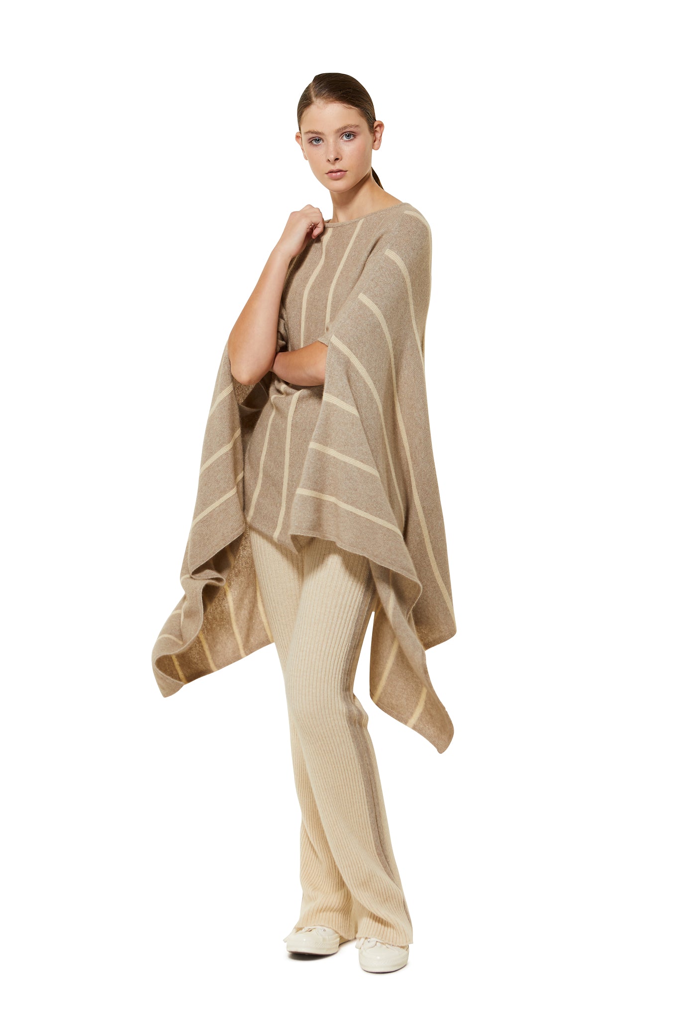 Possum Silk Merino Stripe Poncho in Beige