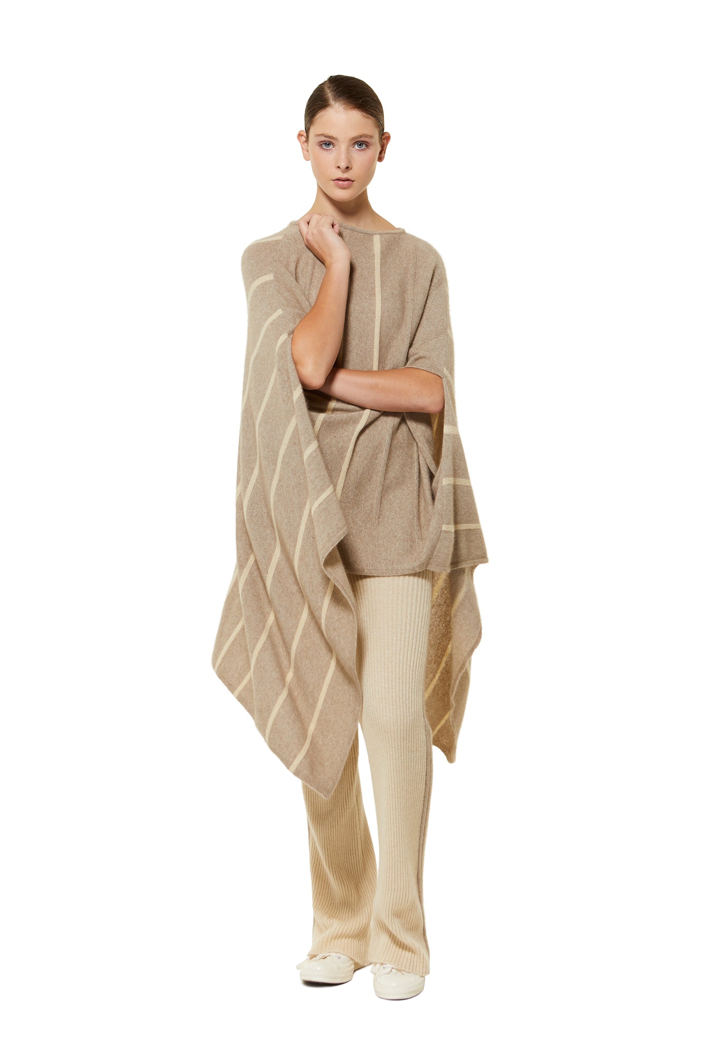 Possum Silk Merino Stripe Poncho in Beige