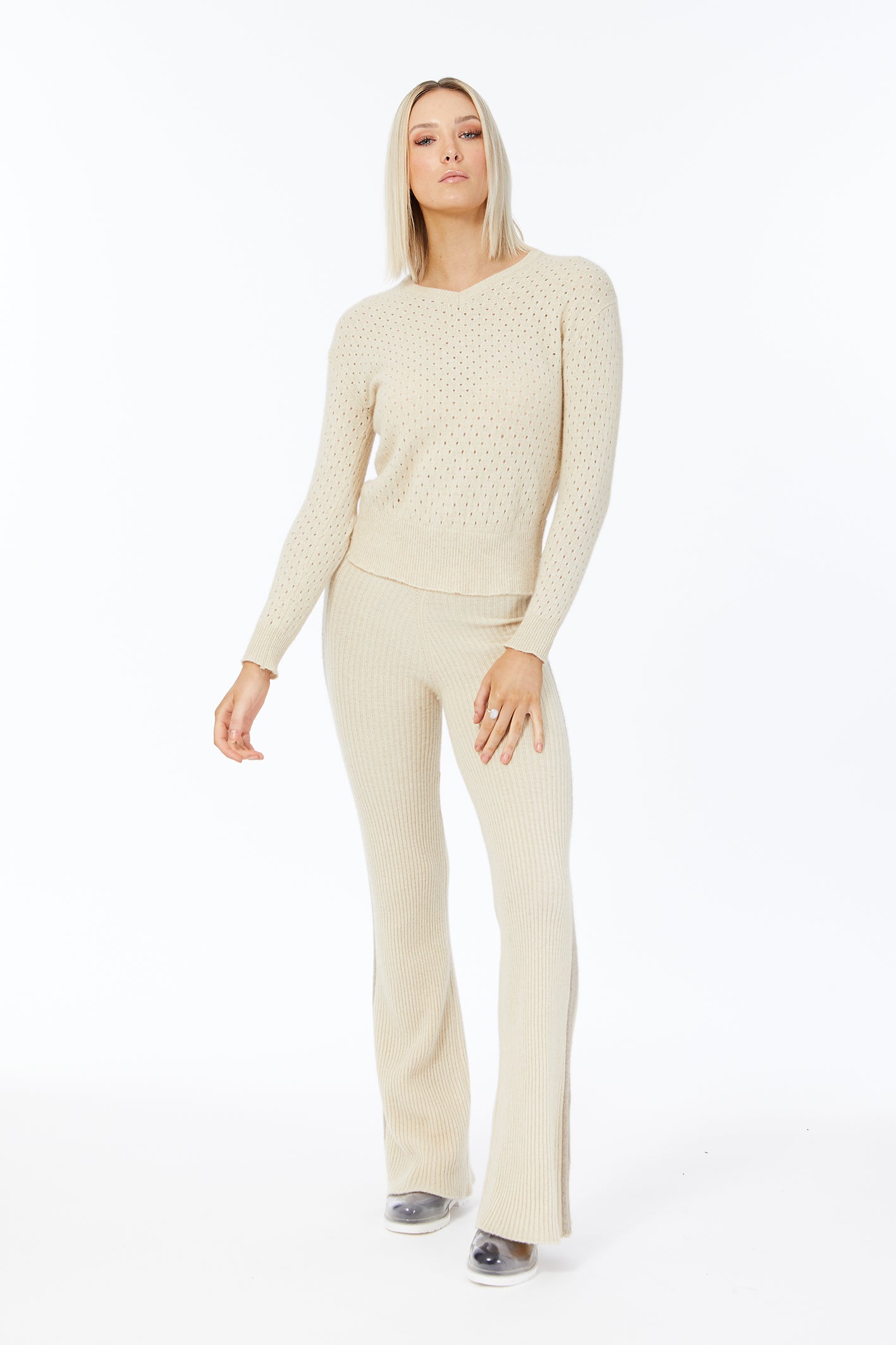 Possum Silk Merino Eyelet V Neck in Ivory