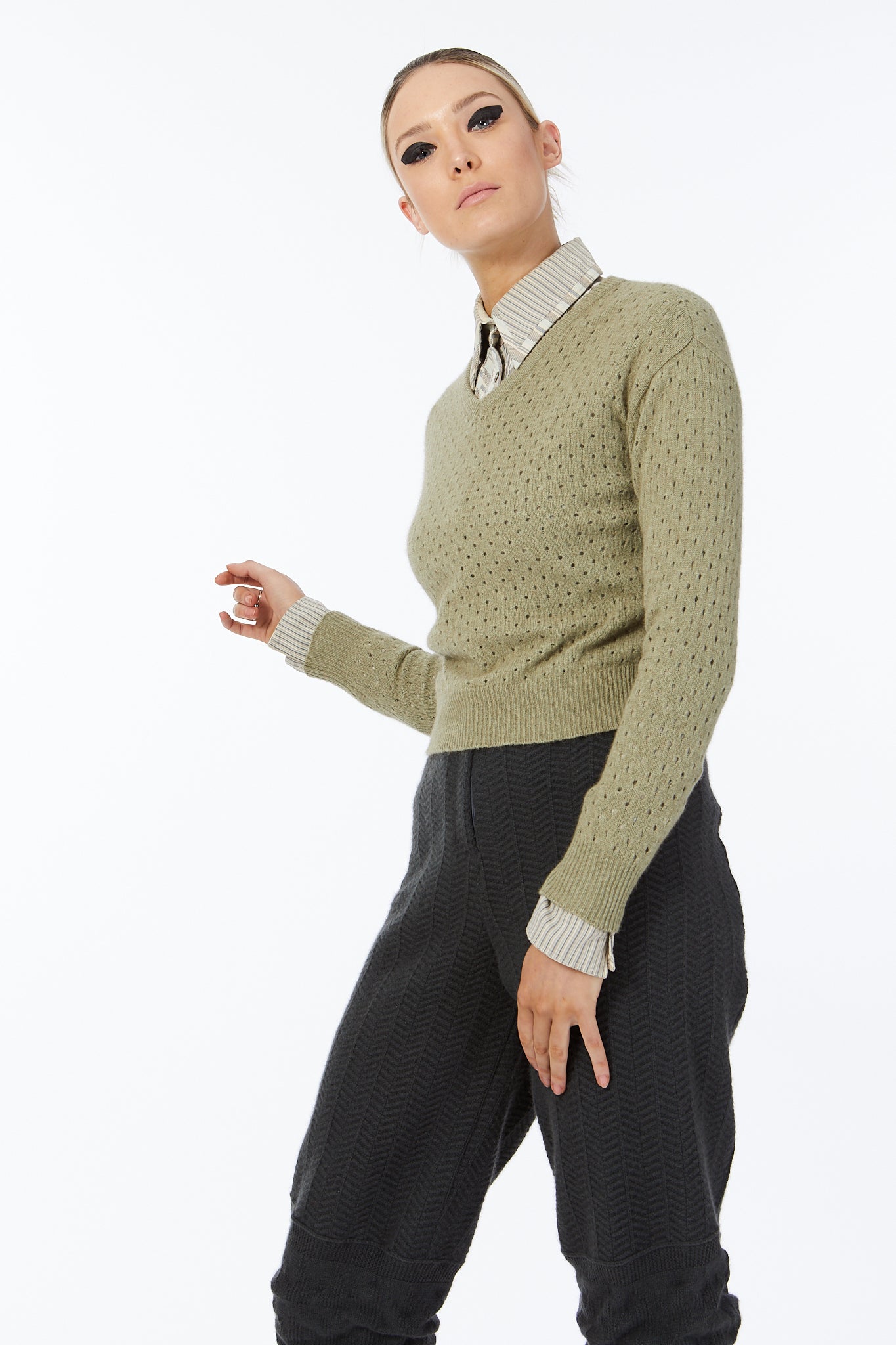 Possum Silk Merino Eyelet V Neck in Birch