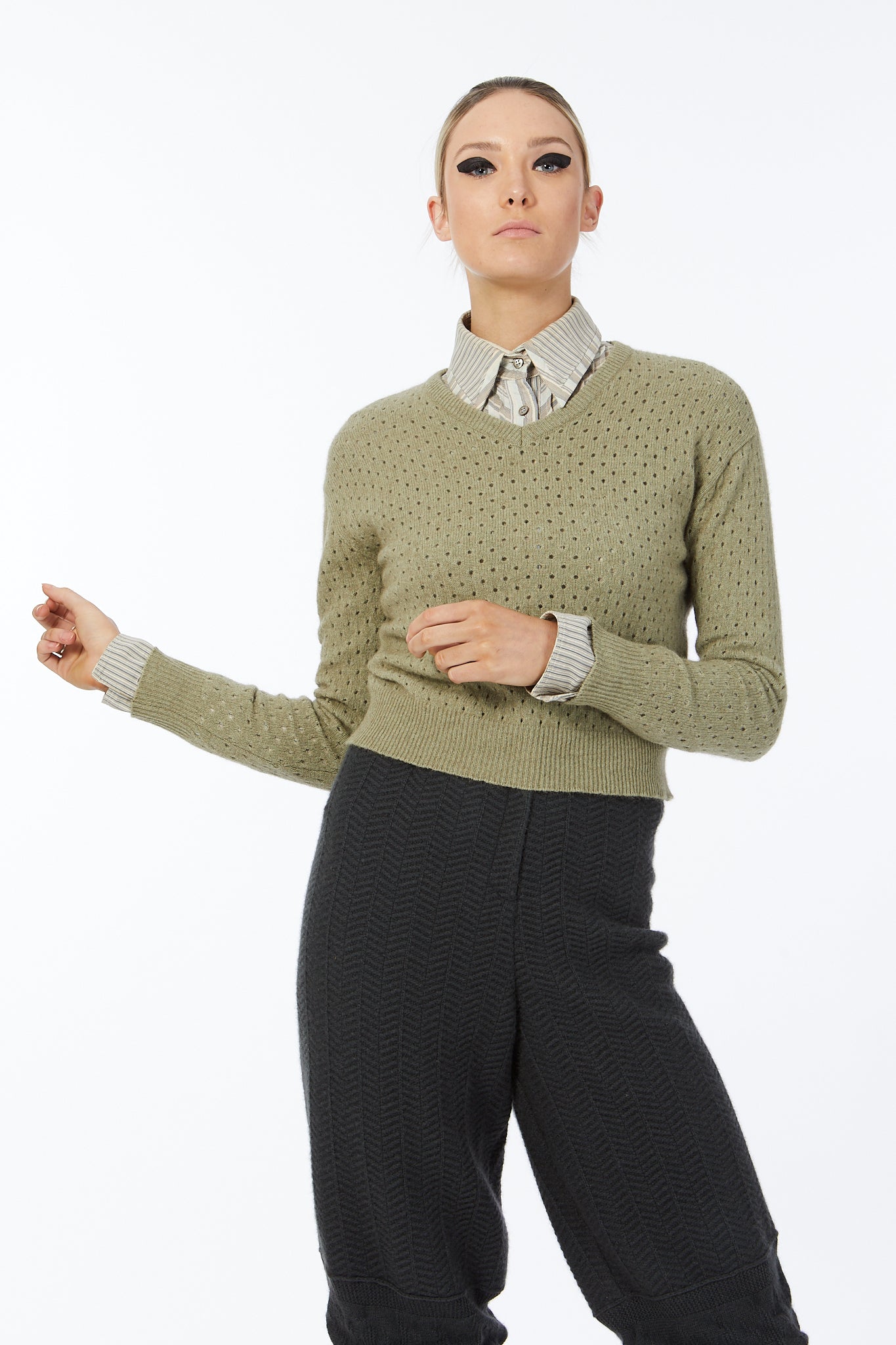 Possum Silk Merino Eyelet V Neck in Birch