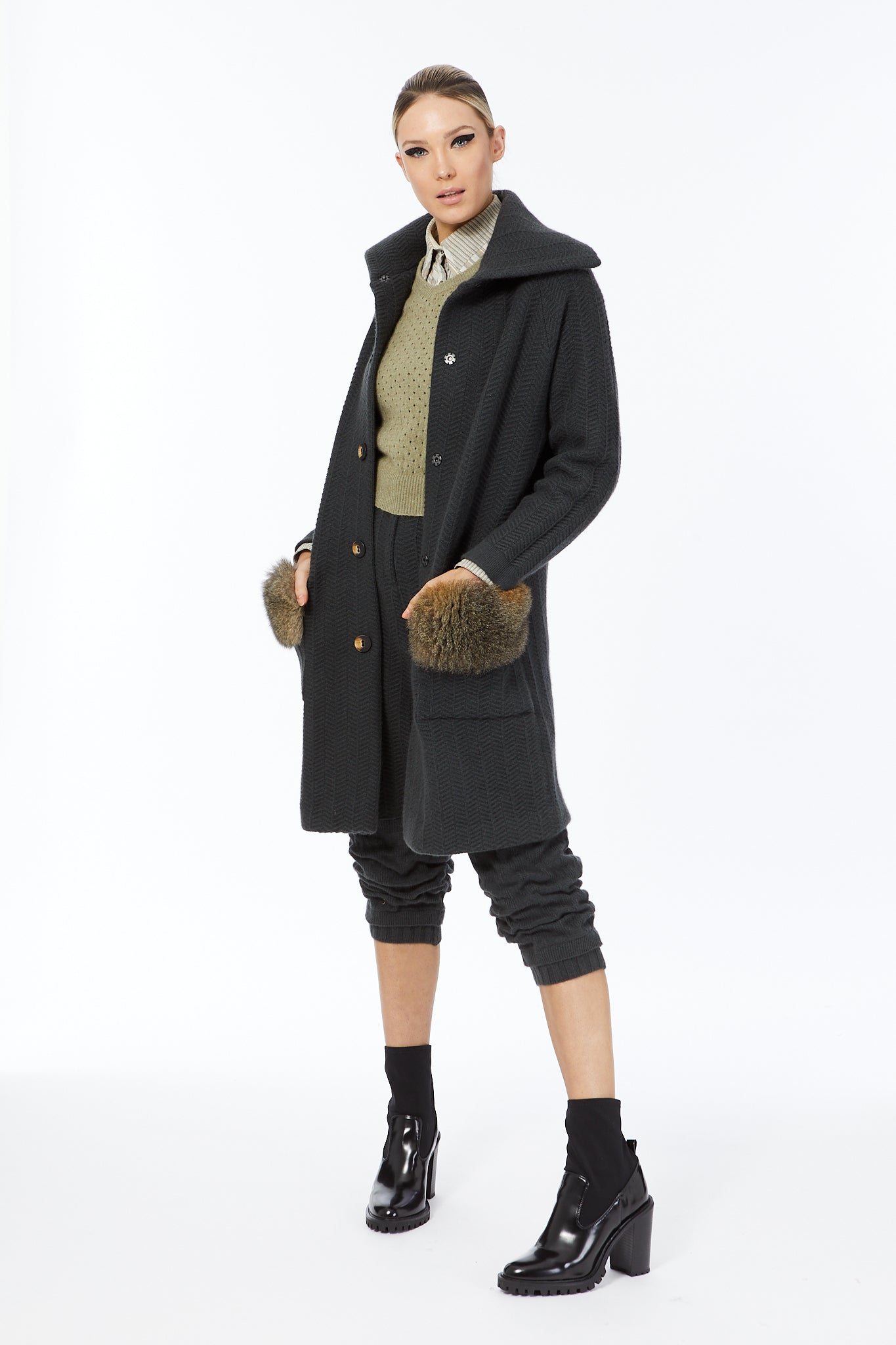 Cashmere Possum Herringbone Coat in Slate