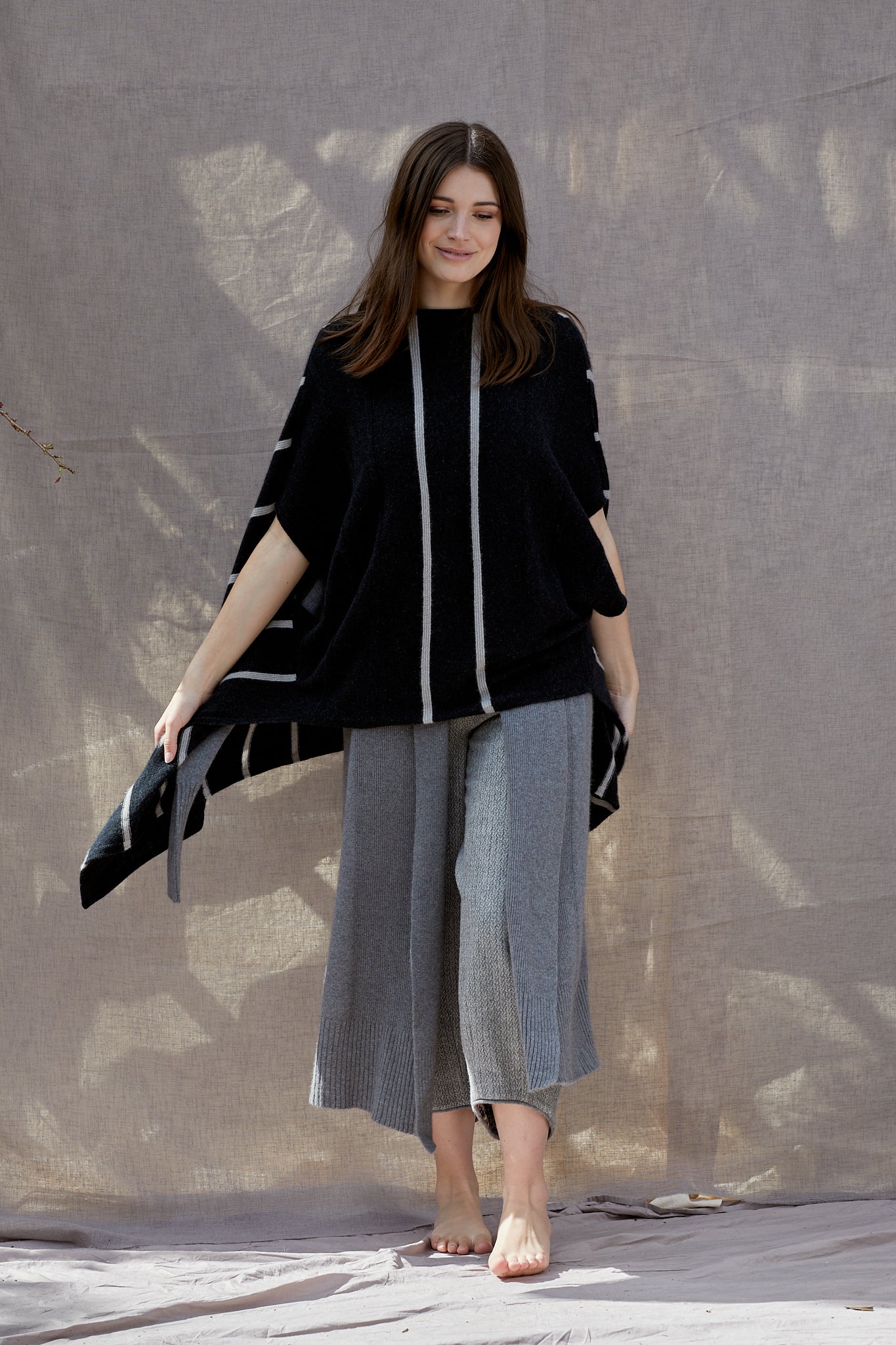 Possum Silk Merino Stripe Poncho in Charcoal
