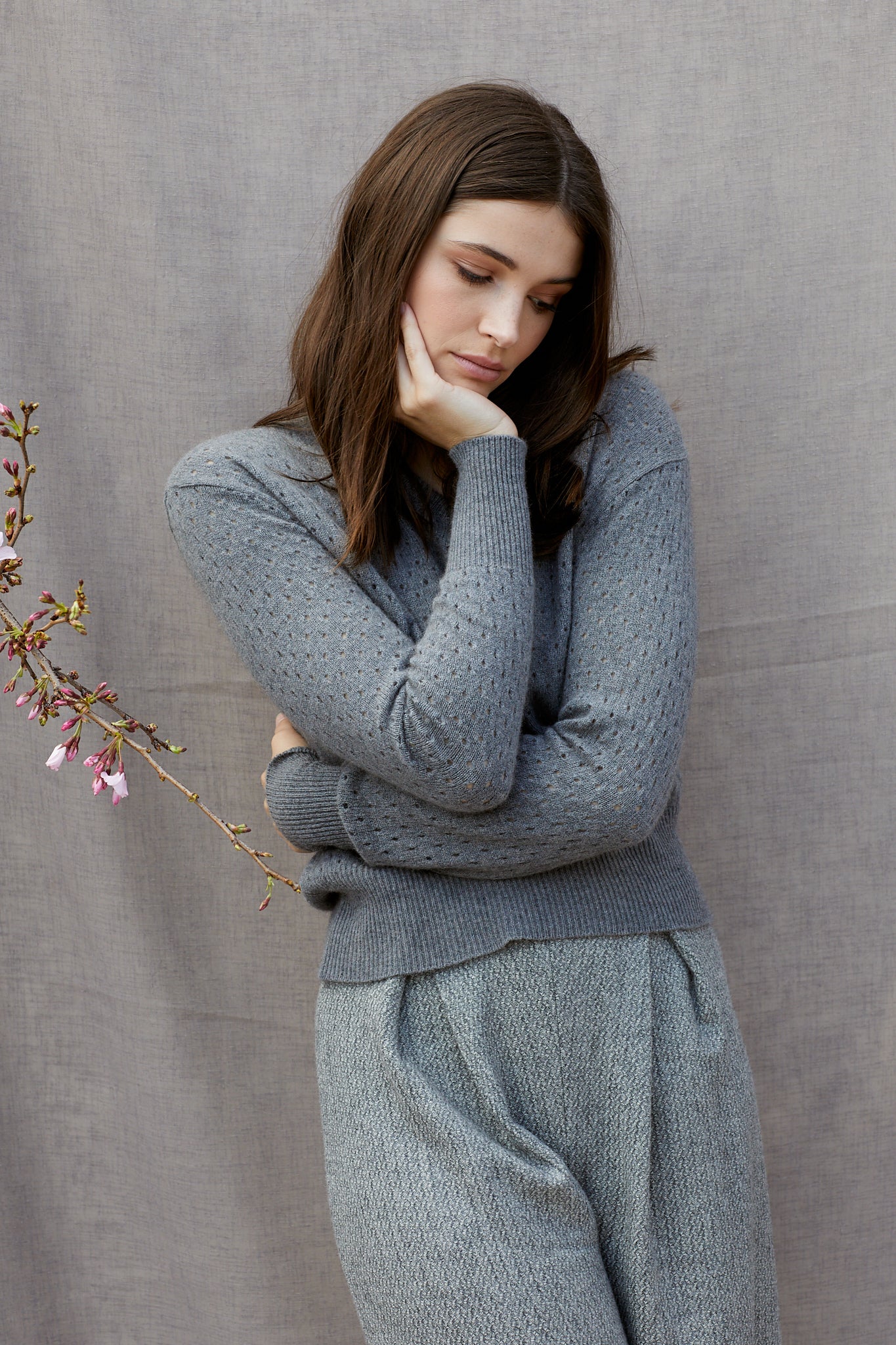 Possum Silk Merino Eyelet V Neck Jumper in Pewter Grey
