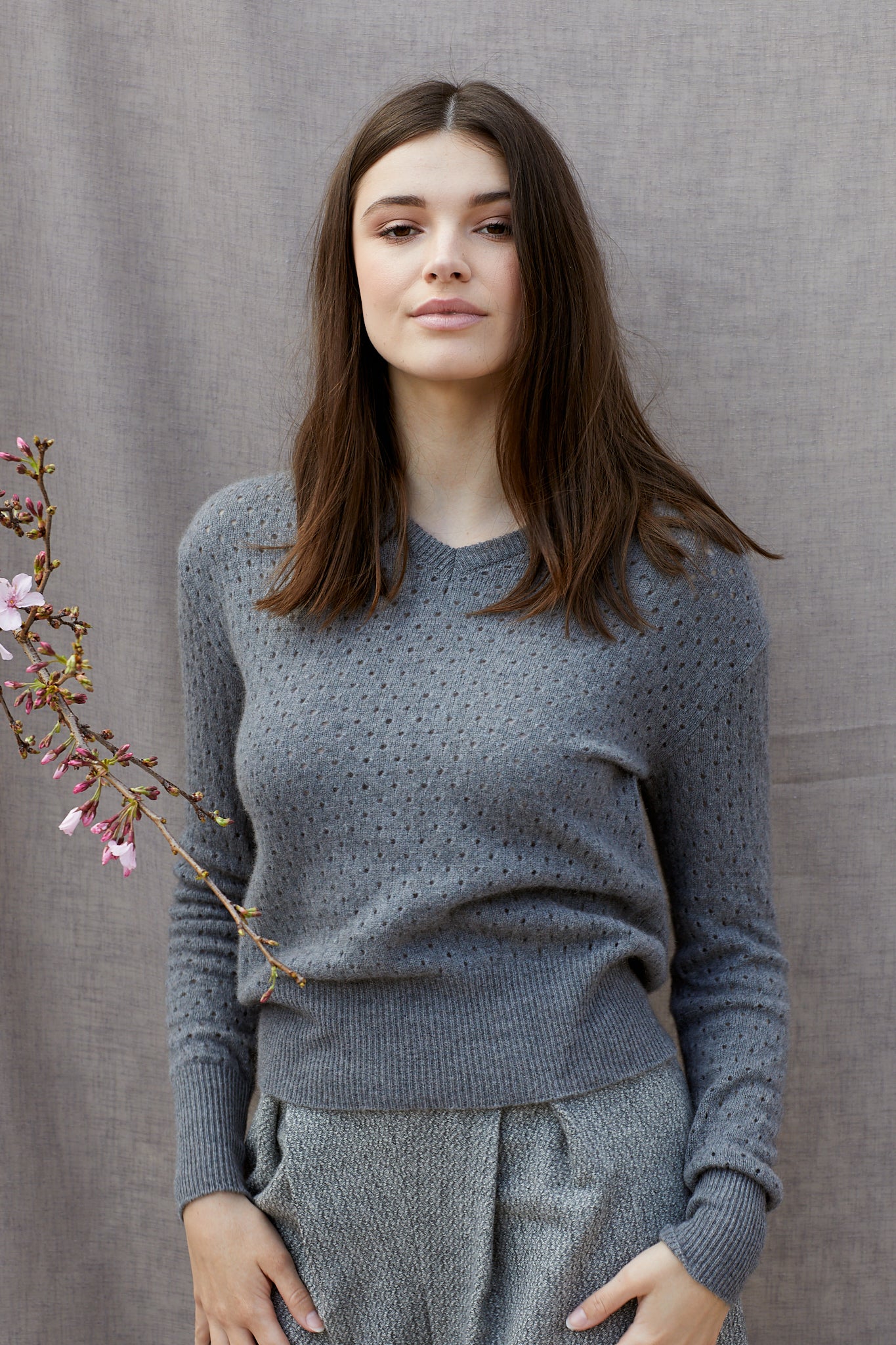Possum Silk Merino Eyelet V Neck Jumper in Pewter Grey