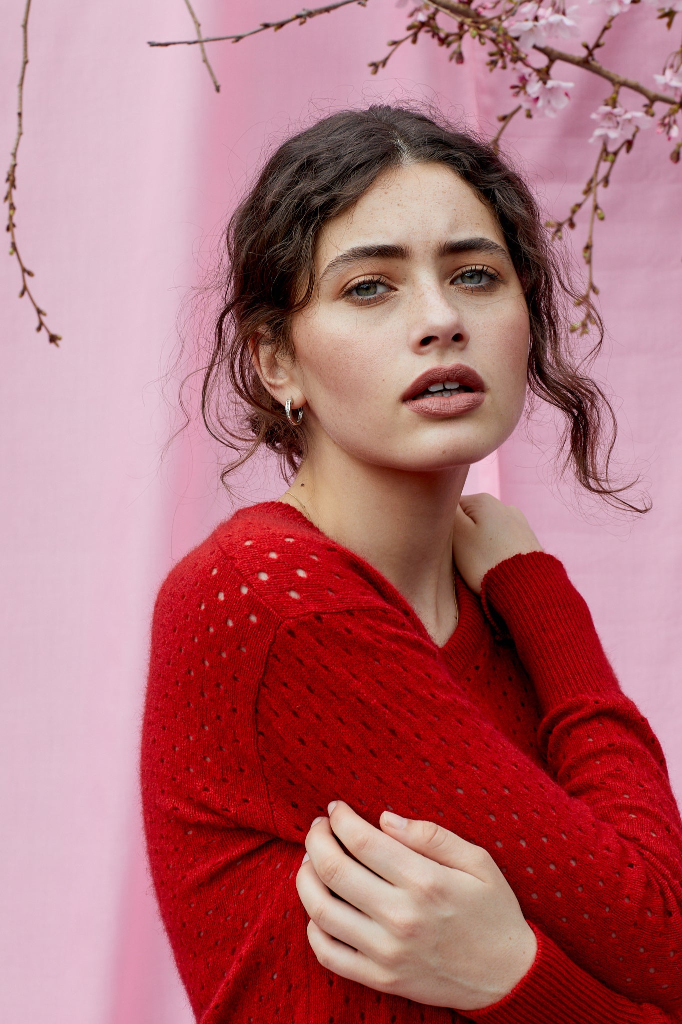 Possum Silk Merino Eyelet V Neck in Red