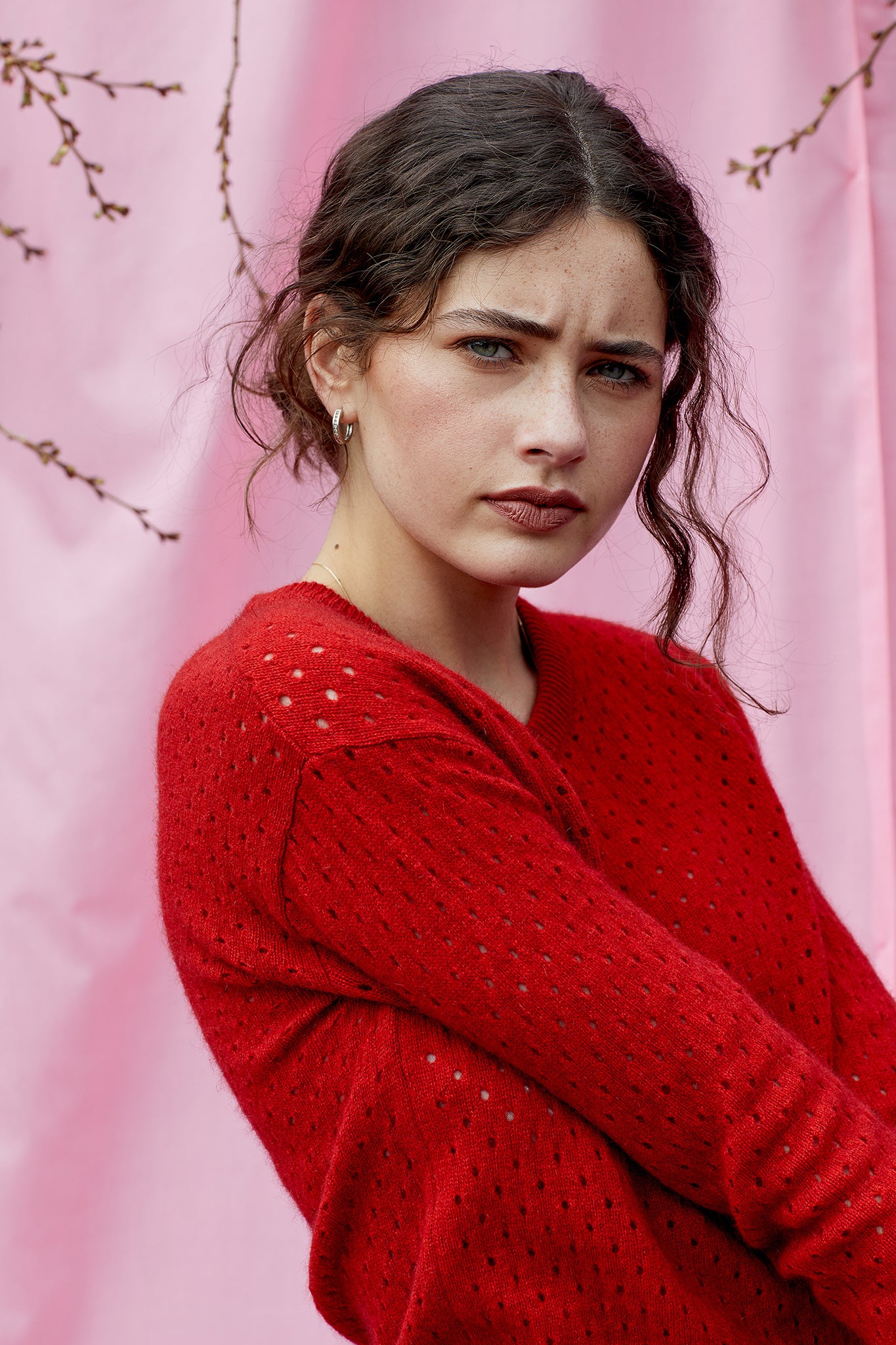 Possum Silk Merino Eyelet V Neck in Red