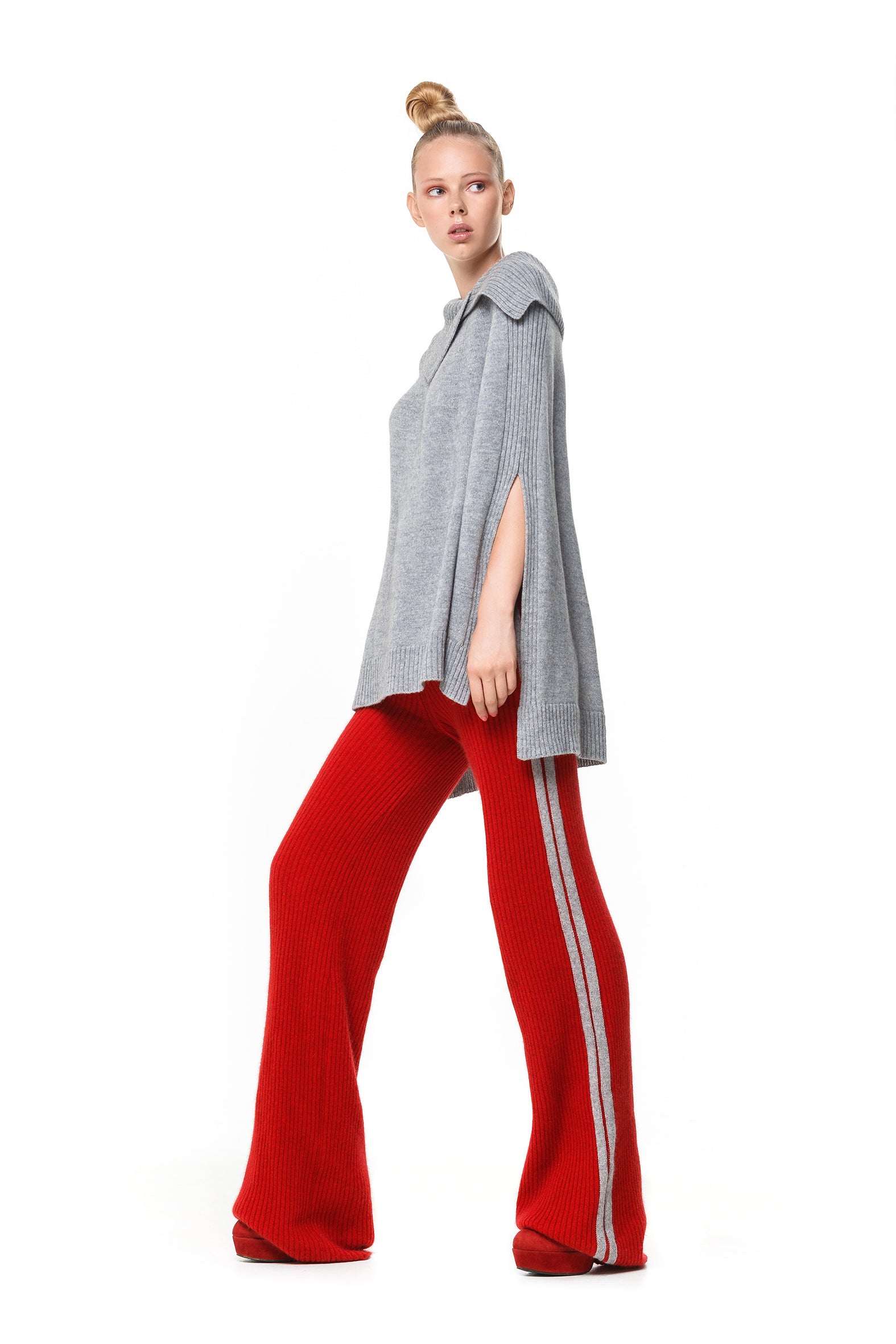 Possum Silk Merino Racing Stripe Knit Pants in Red