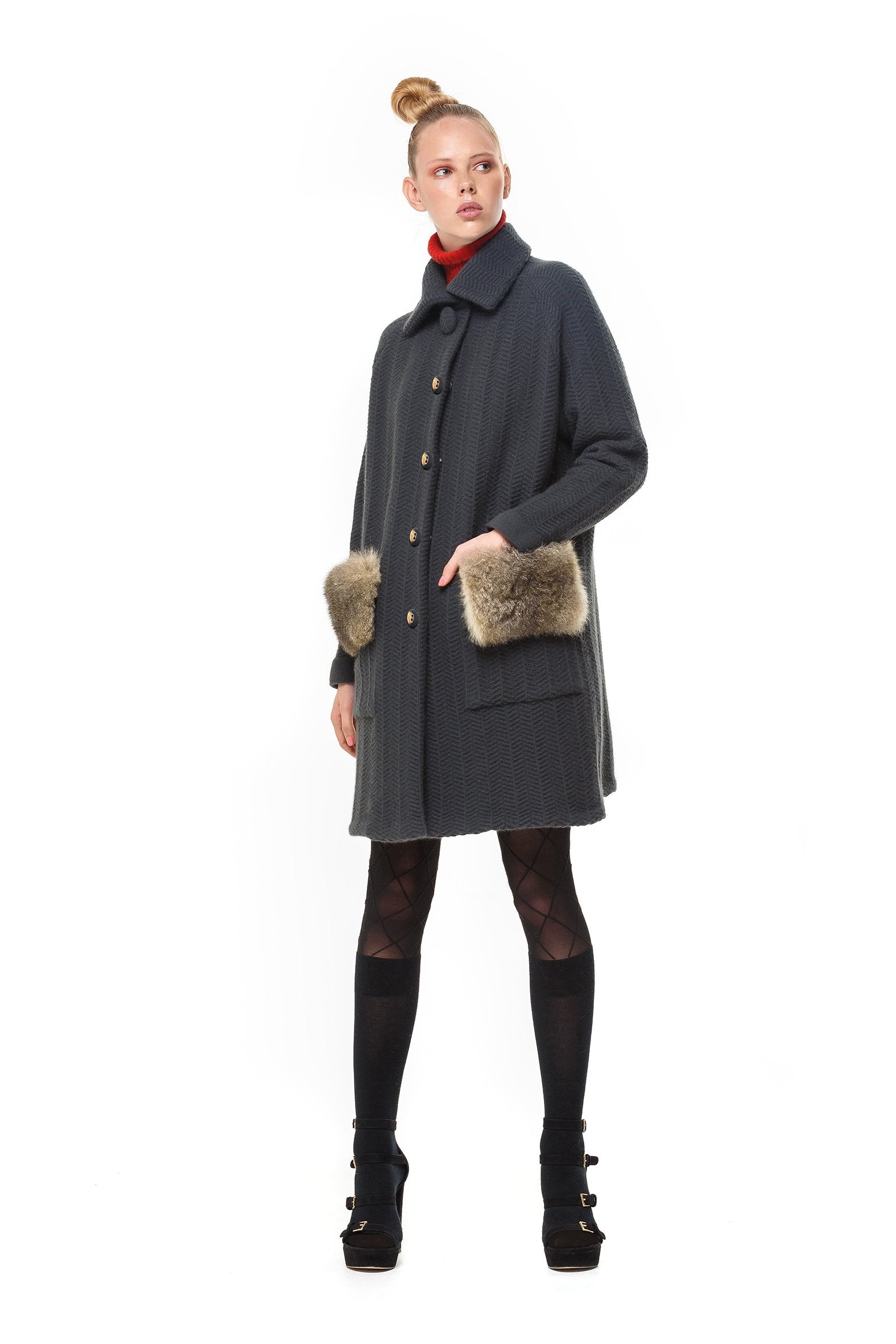 Cashmere Possum Herringbone Coat in Slate