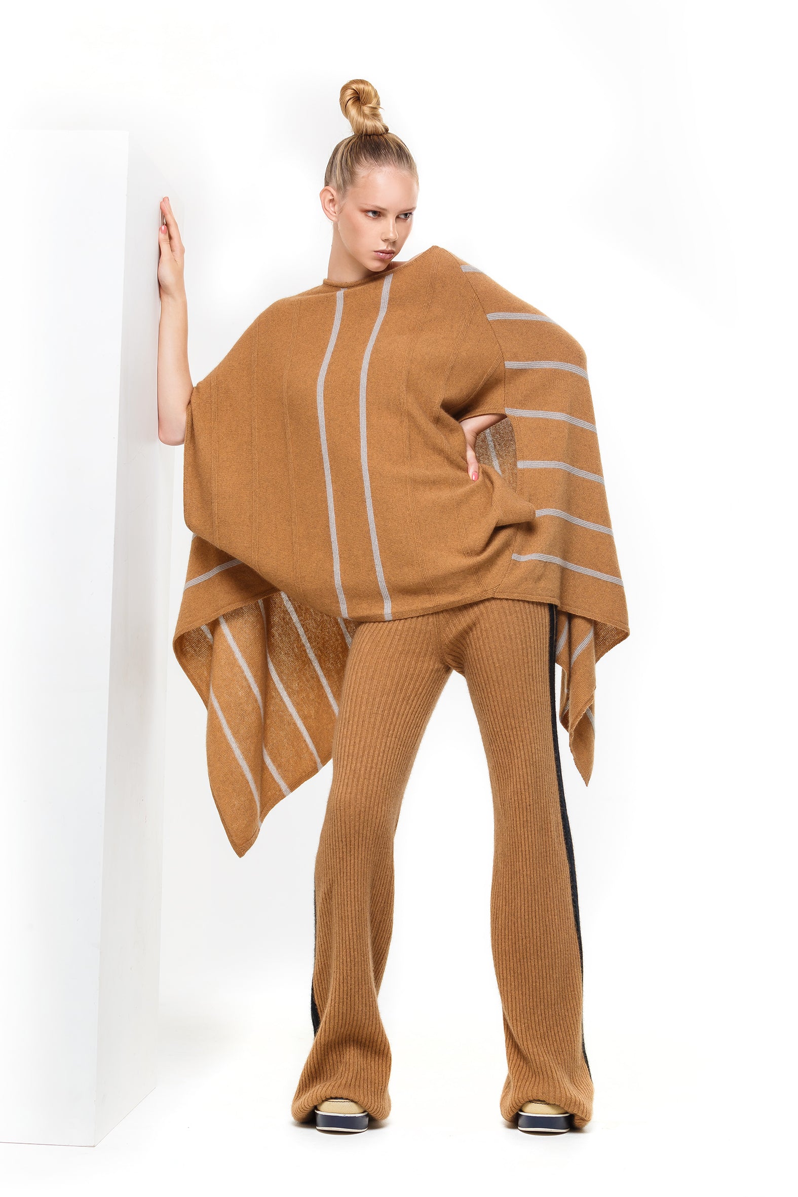 Possum Silk Merino Stripe Poncho in Camel