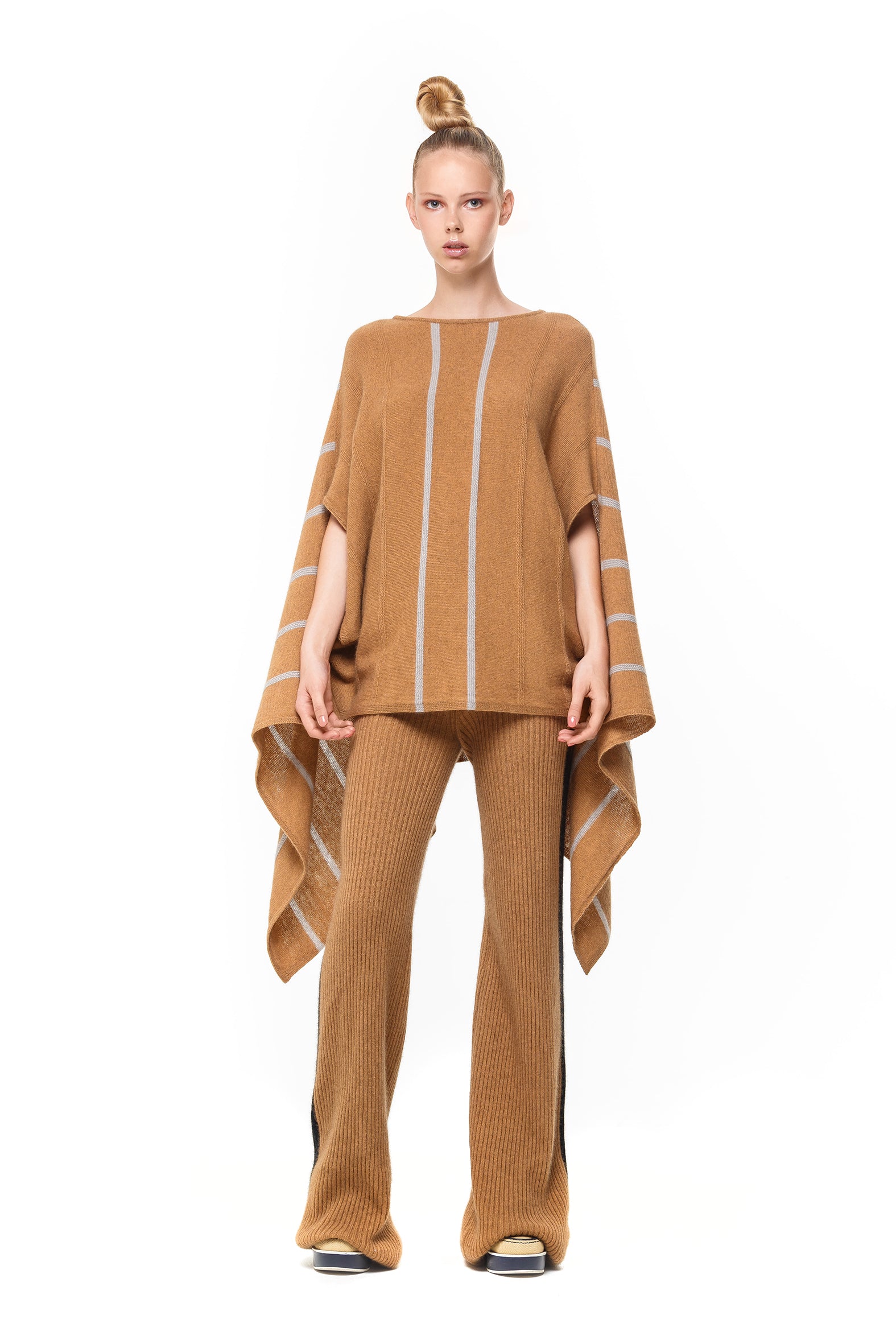 Possum Silk Merino Stripe Poncho in Camel