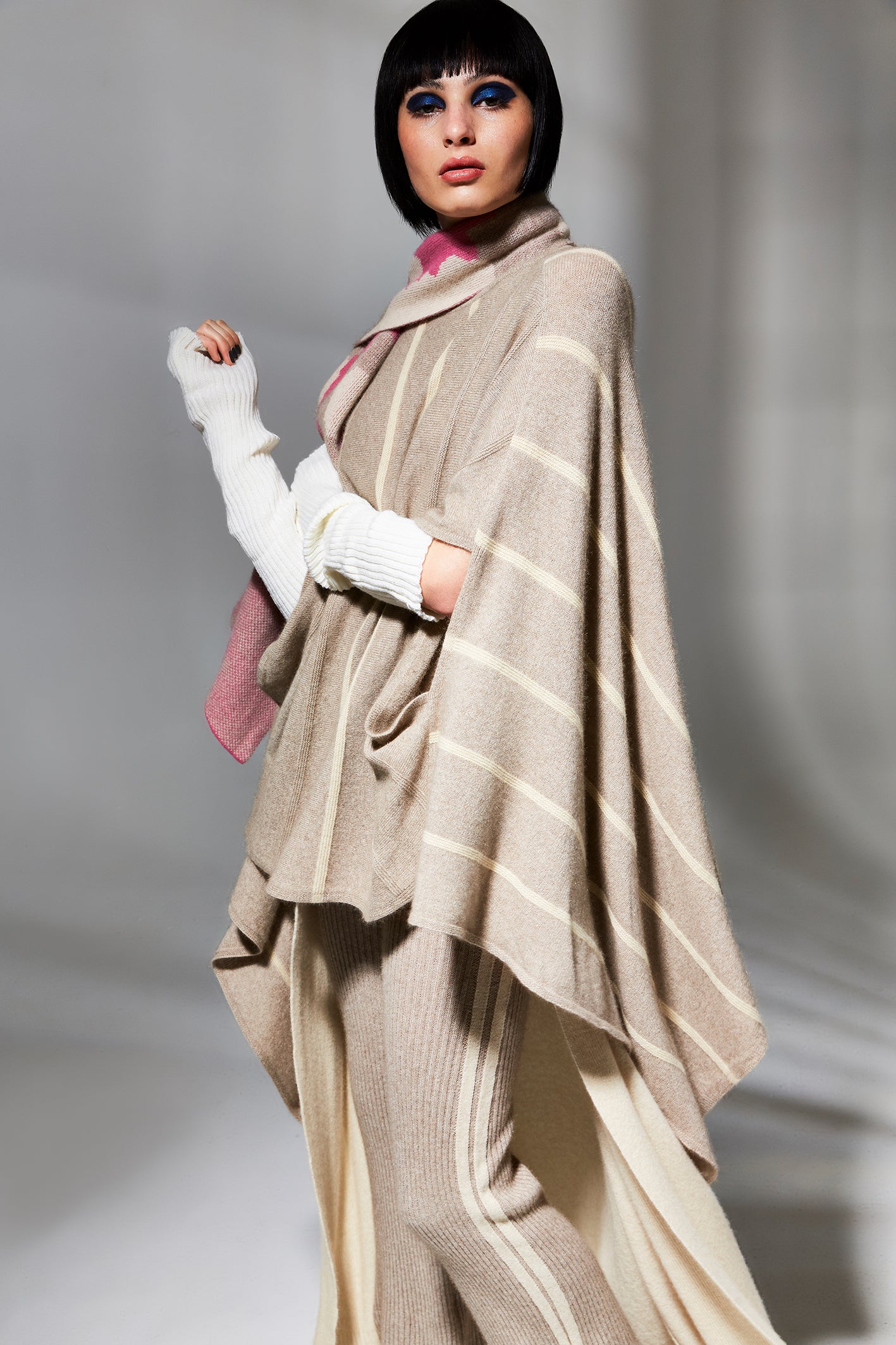 Possum Silk Merino Stripe Poncho in Beige