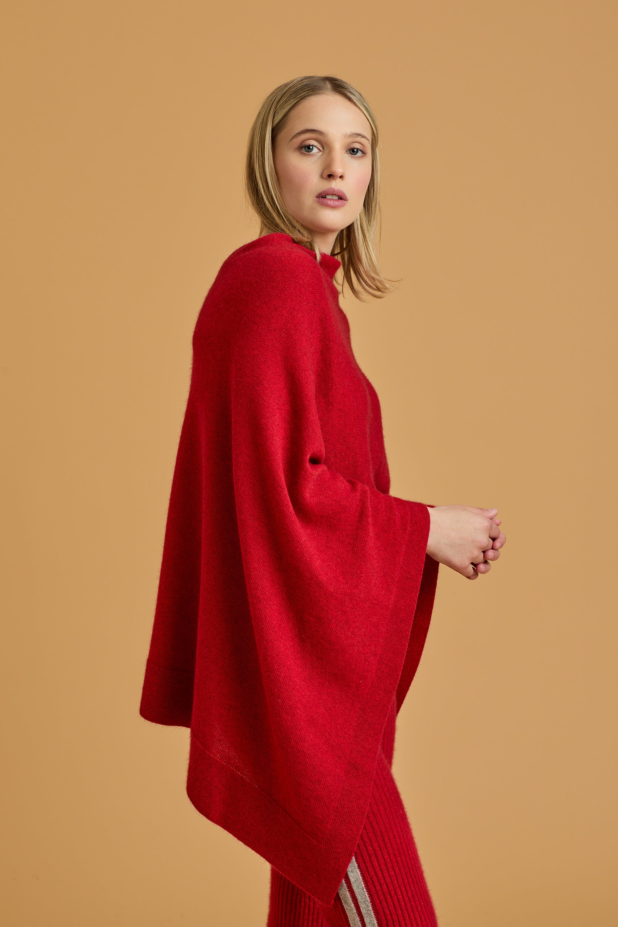 Possum Silk Merino Poncho in Red