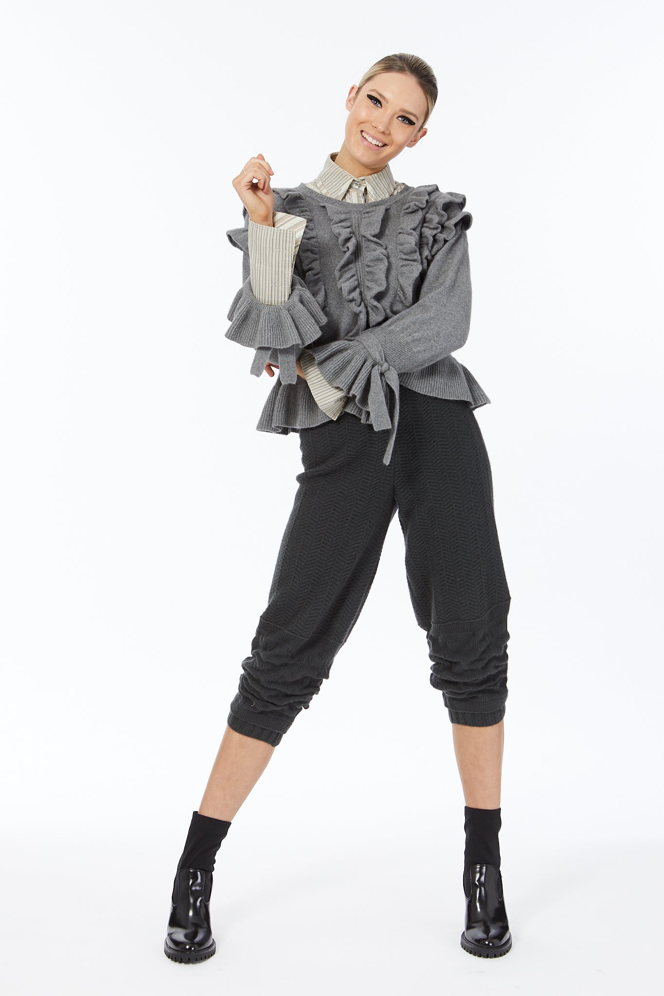Possum Silk Merino Vola Tux Top in Pewter