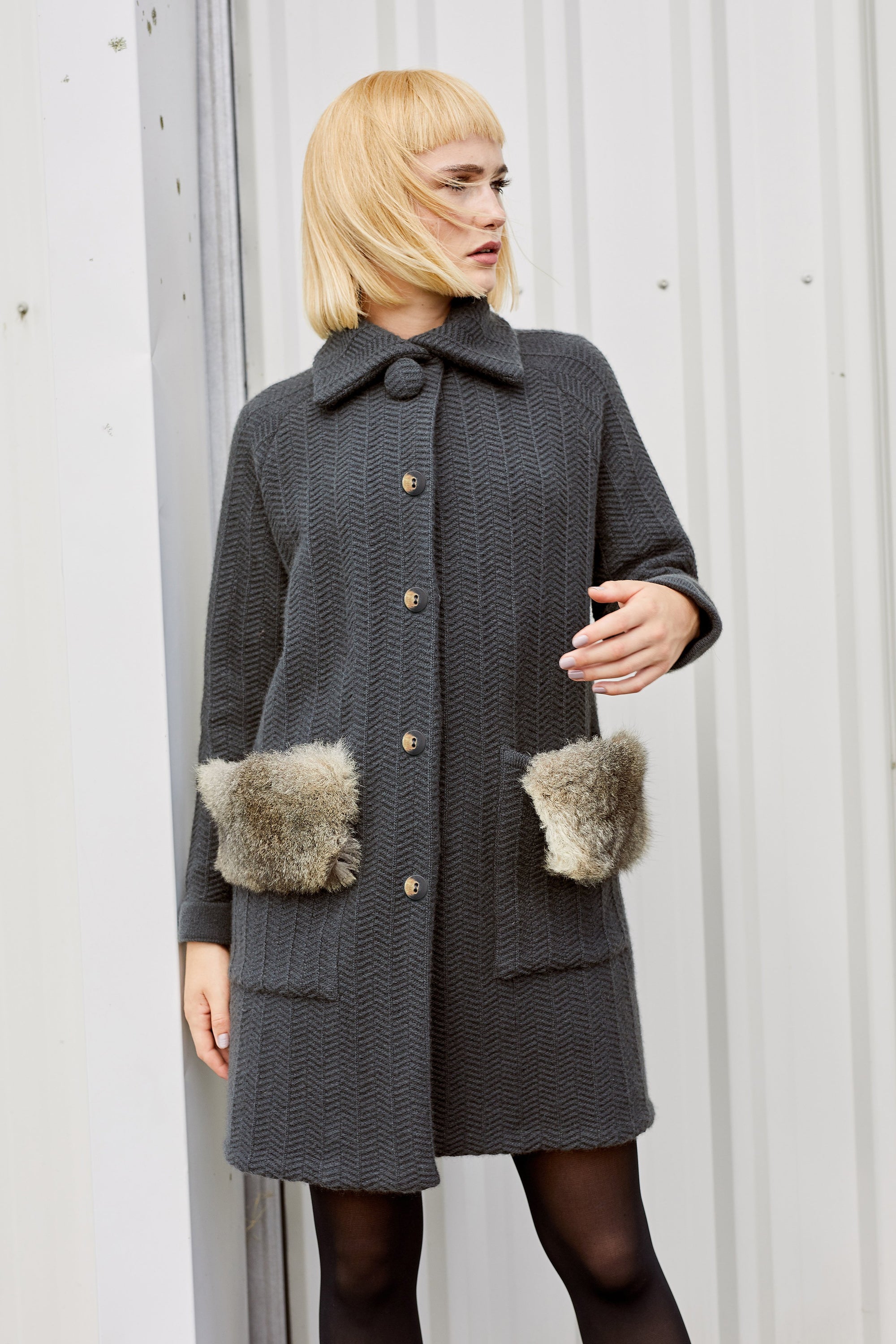 Cashmere Possum Herringbone Coat in Slate