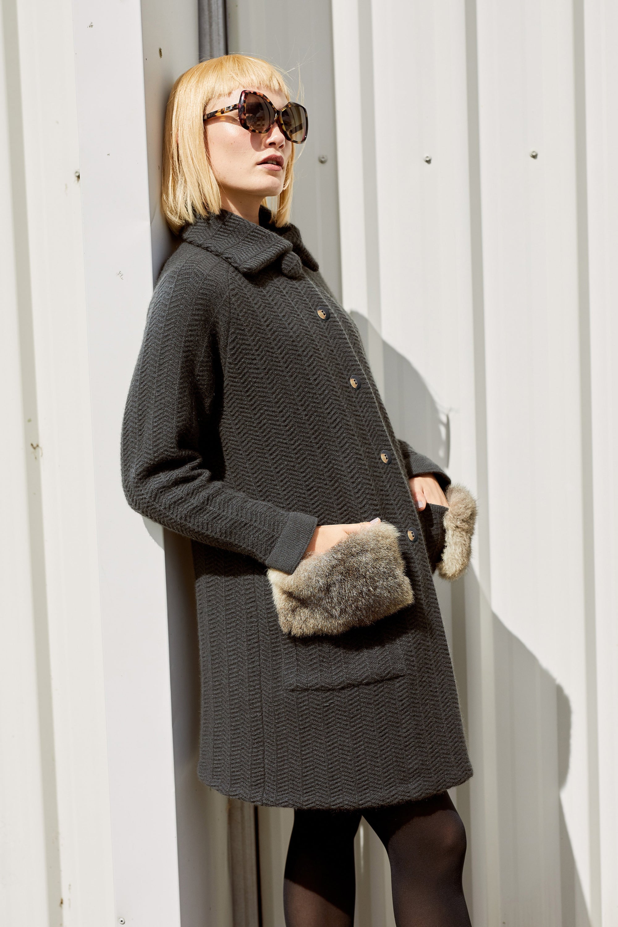 Cashmere Possum Herringbone Coat in Slate