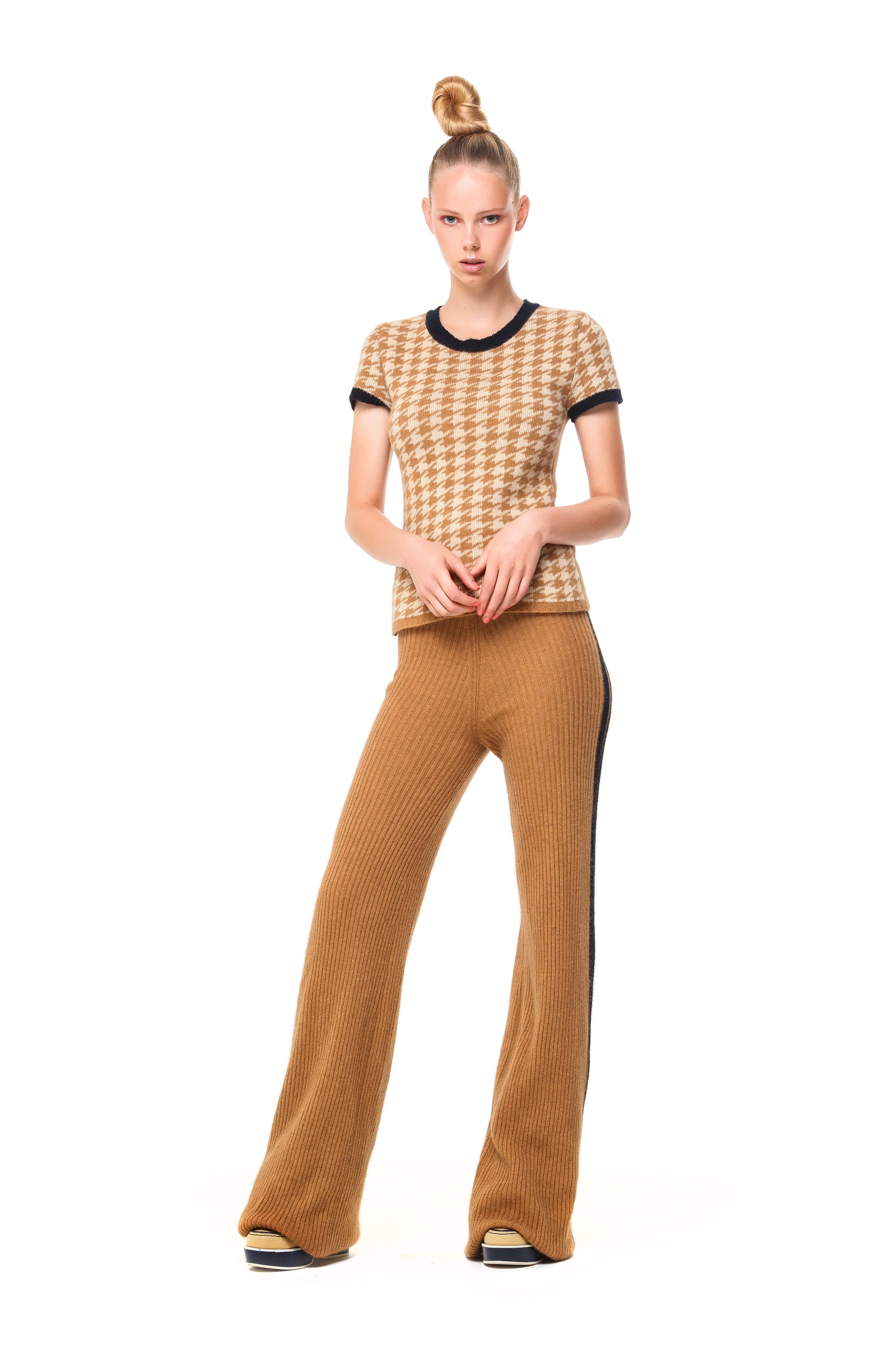 POSSUM SILK MERINO CAP SLEEVE TOP Houndstooth Camel