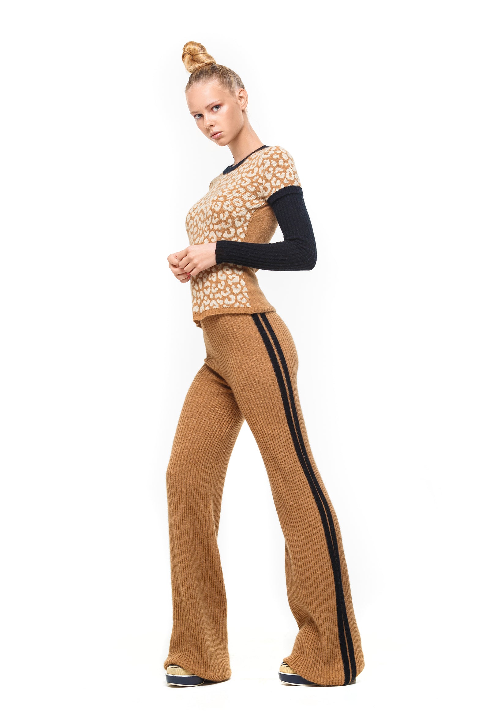 Possum Silk Merino Racing Stripe Knit Pants in Camel