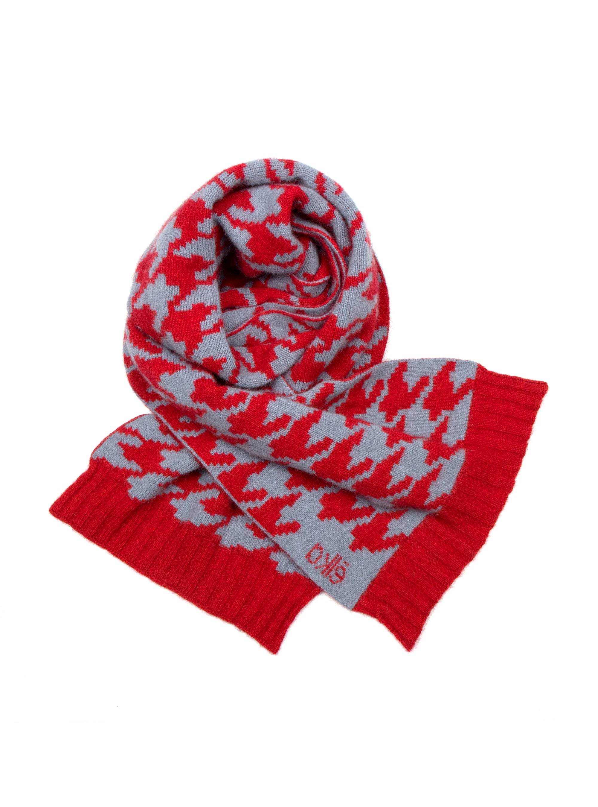 Possum Silk Merino Houndstooth Scarf in Red and Glacier